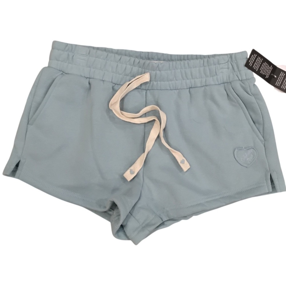 Celebrity Pink Womens Fleece Shorts Light Blue Heart Logo Drawstring NWT-M